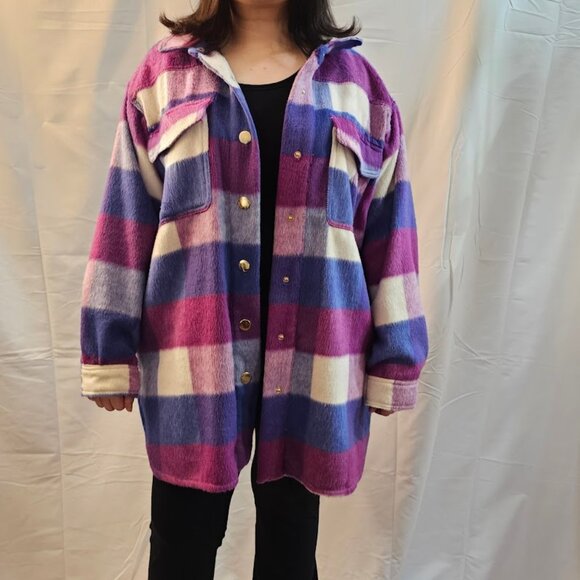Maurices XL oversized bright violet and fuchsia pink plaid Shacket - Picture 1 of 9